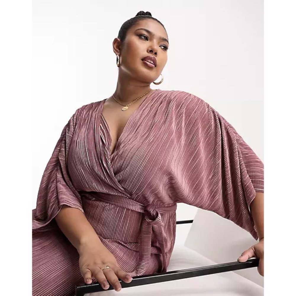 ASOS DESIGN Curve plisse midi wrap dress with belt in rose